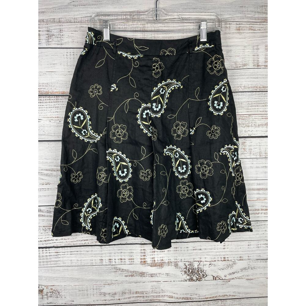 Vintage Grace 100% Linen Black Knee Length Skirt Beaded Embroidery 6 Feminine